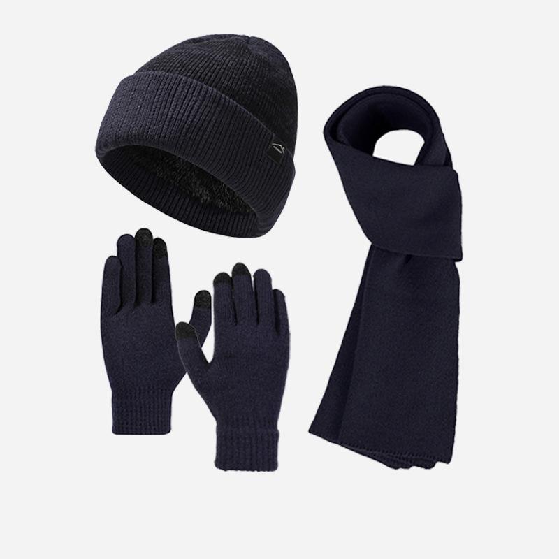 

Осенне-зимний толстый вязаный теплый комплект из шапки, шарфа и перчаток из трех предметов темно-синий