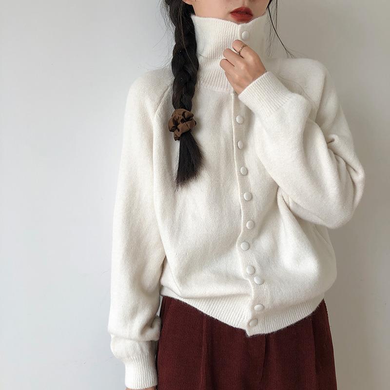Cárdigan de Punto de Cuello Alto para Mujer Otoño Color Sólido de un Solo Botón Prendas de Abrigo Mujer Coreano Suave Tejido de Cachemir