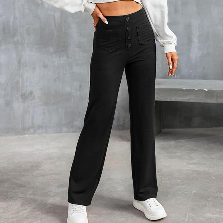 New Women High Waist Casual Straight Pants with Pockets European American Fashion Elastic Waist Button