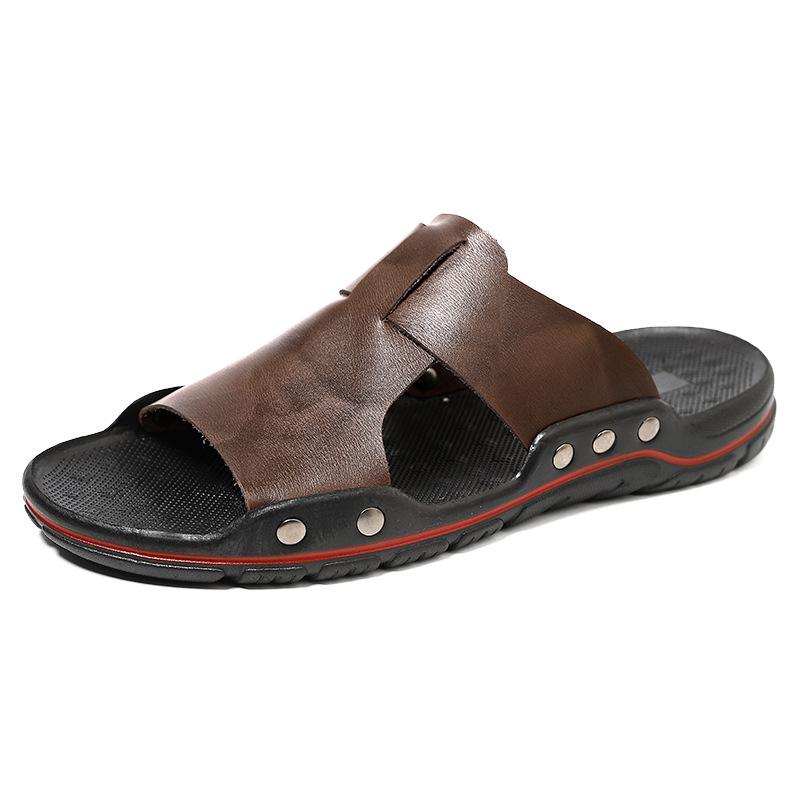 

Foreign trade large-size slippers men s summer trend non-slip and deodorant men s cool slippers genuine leather outer wear one-word drag 48