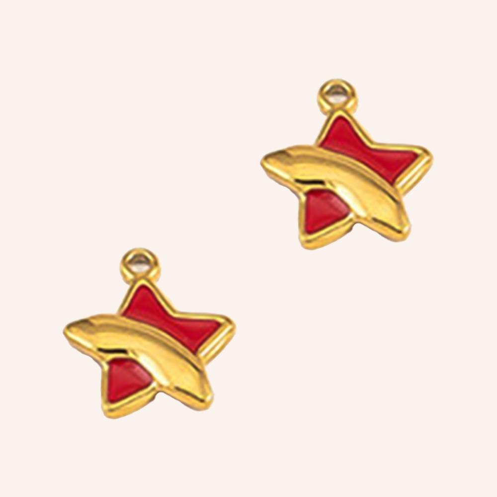 2pcs Stainless Steel Irregular Red Enamel Round Heart Star Design Pendant Necklace Earring Heart Charms Craft Jewelry Findings