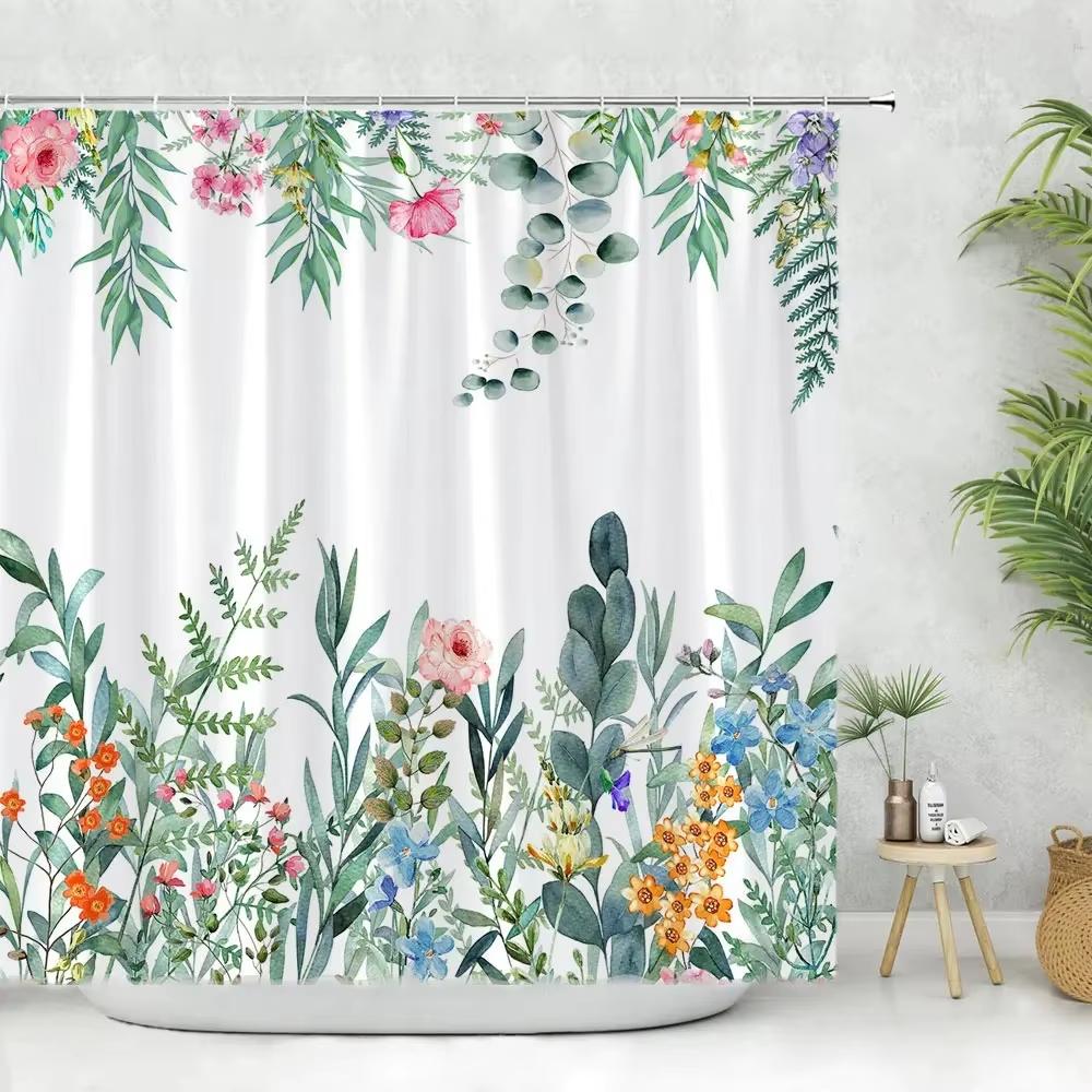 1 pc Green Plants, Leaves and Flowers Shower Curtains With Hooks Bathroom Curtains Printing Shower Curtain Home Decor Curtain