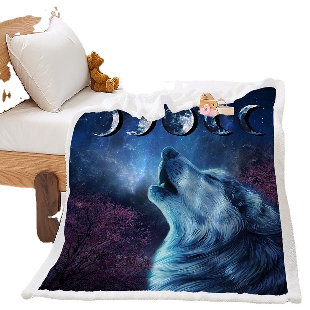 2D Digital Printed Cover Blanket Animal Moonlight Wolf Thickened Lamb Fleece Crystal Fleece Blanket