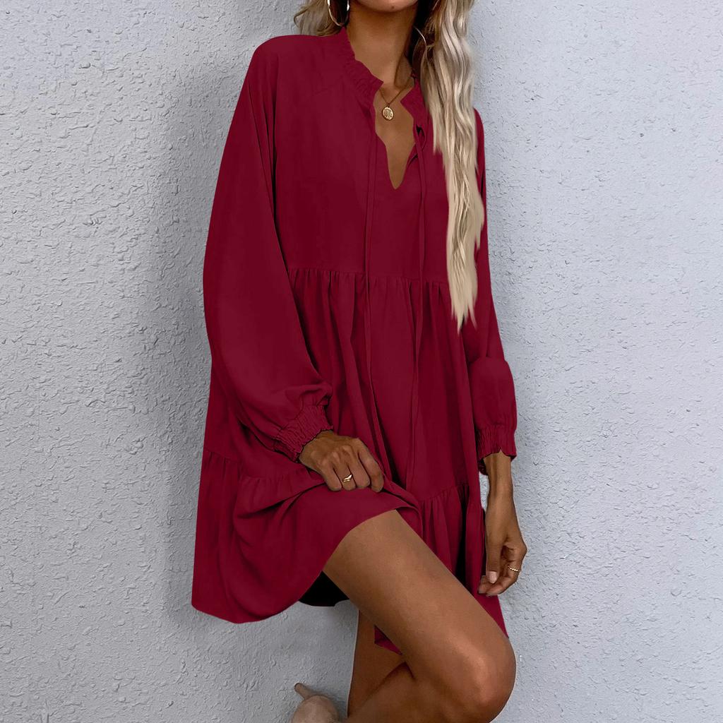 Women's Fall Long Sleeve Maxi Dress V Neck Hollow Out Eyelet A Line Long Casual Party Dresses