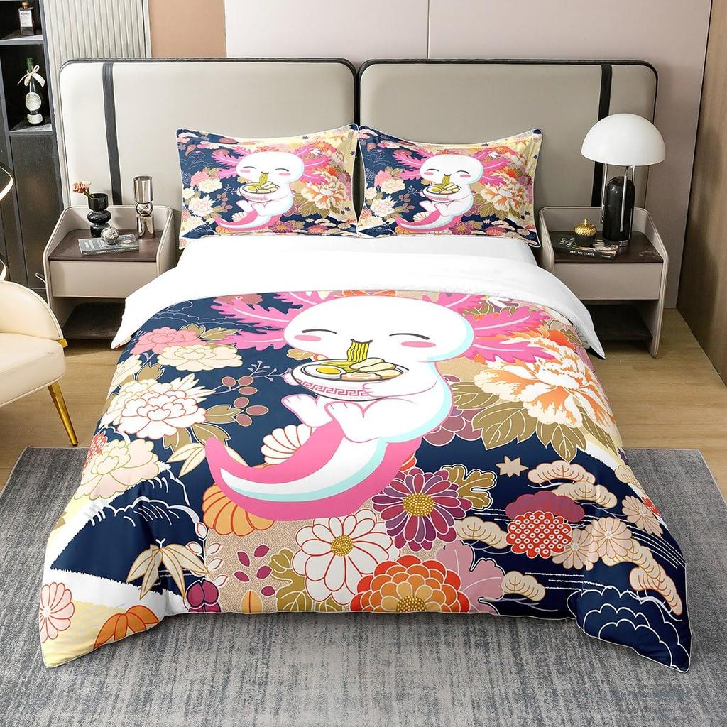 Cartoon Axolotl Bedding Set Twin Full Size Cute Ocean Animal Duvet Cover with 2 Pillow Sham Pink Comforter Cover Set Decorative