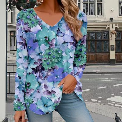 Magliette da donna con stampa di fiori selvatici, top da donna, maniche lunghe, scollo a V, pullover da donna, magliette da donna