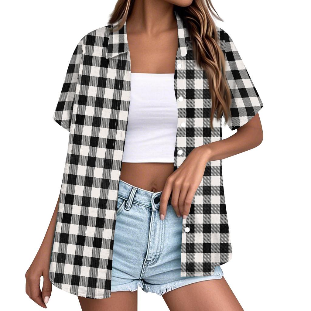 Women Casual Loose Short Sleeve Button Down Shirt Collar Plaid Checkered Blouse Summer Top Lightweight Breathable Fabric