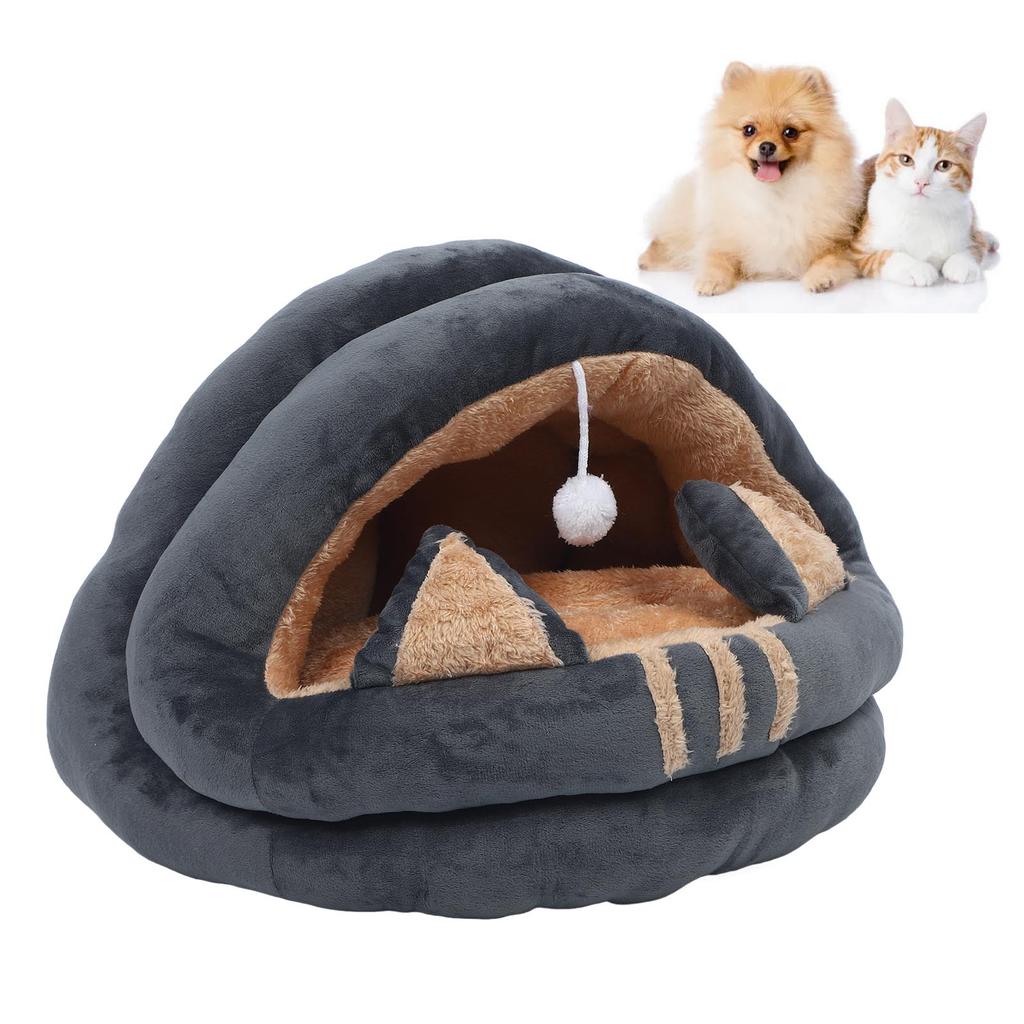 Cat Cave Semi Enclosed Cozy Pet Bed Cartoon Washable Animal House for Autumn and Winter Gray