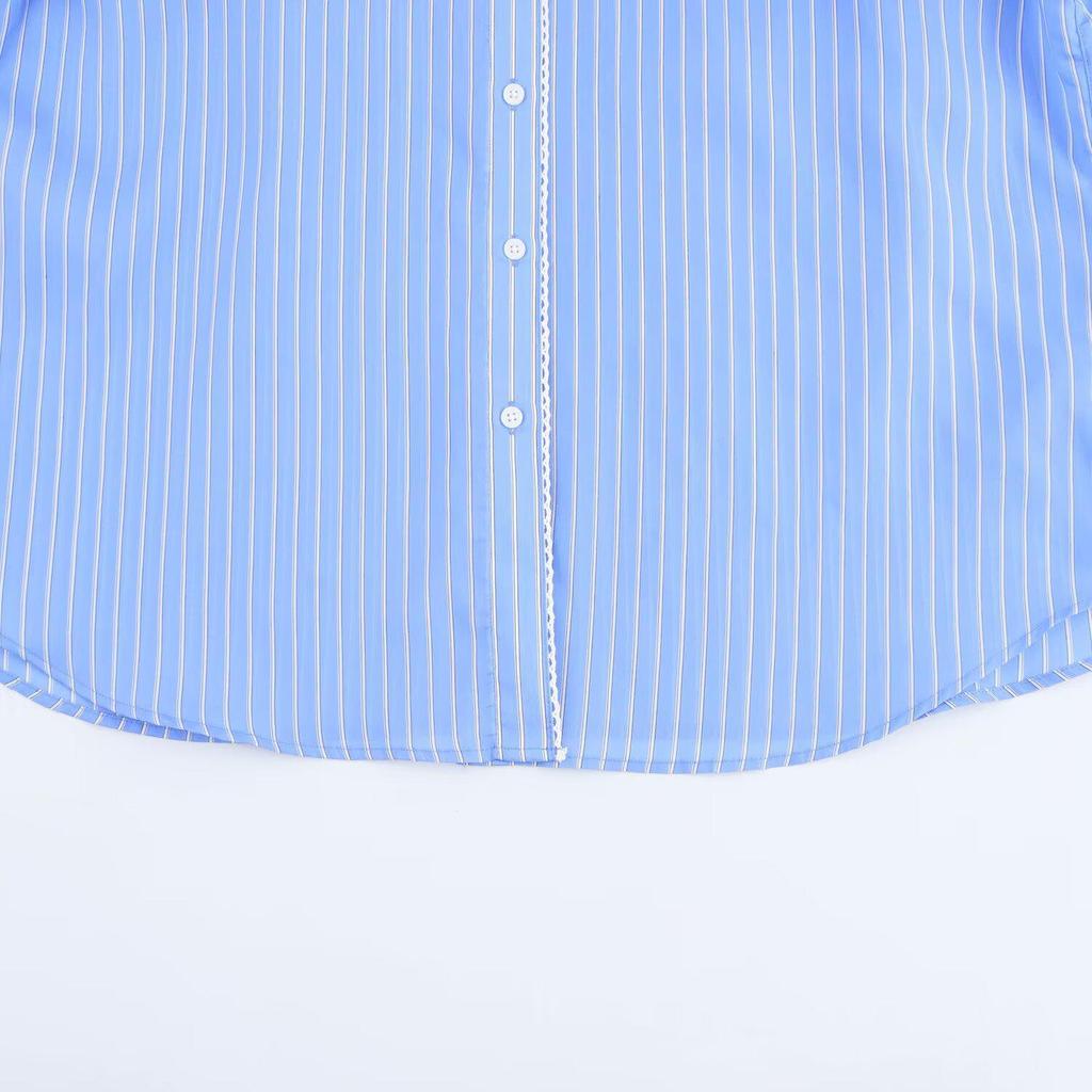 2025 Spring Women's Casual Lace Patchwork Striped Shirt