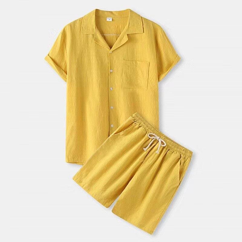 Summer Mens Solid Color Sets Fashion Lapel Short Sleeve Shirt Shorts Set Man Casual Daily Wear Street Breathable Lightweight Two Piece Outfit