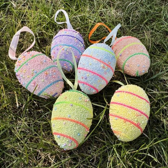 6Pcs Easter Eggs with Hanging String Foam Hanging Ornaments Striped Colorful Decoration for Easter Tree Home Party And Spring Crafts