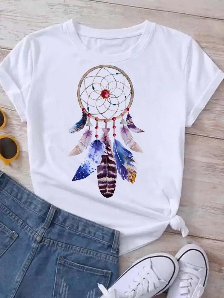 Women's Pattern Short Sleeve T-Shirt Women's Summer Clothing Feather 90S Fashion Women's University T-Shirt