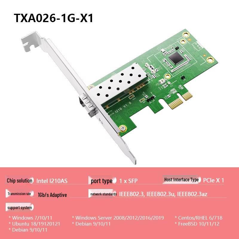 

PCI-e Gigabit Fiber Optic Network Card, I210, ESXI Support, Single/Multi-mode SFP, Diskless, Desktop-Compatible 103x54 mm