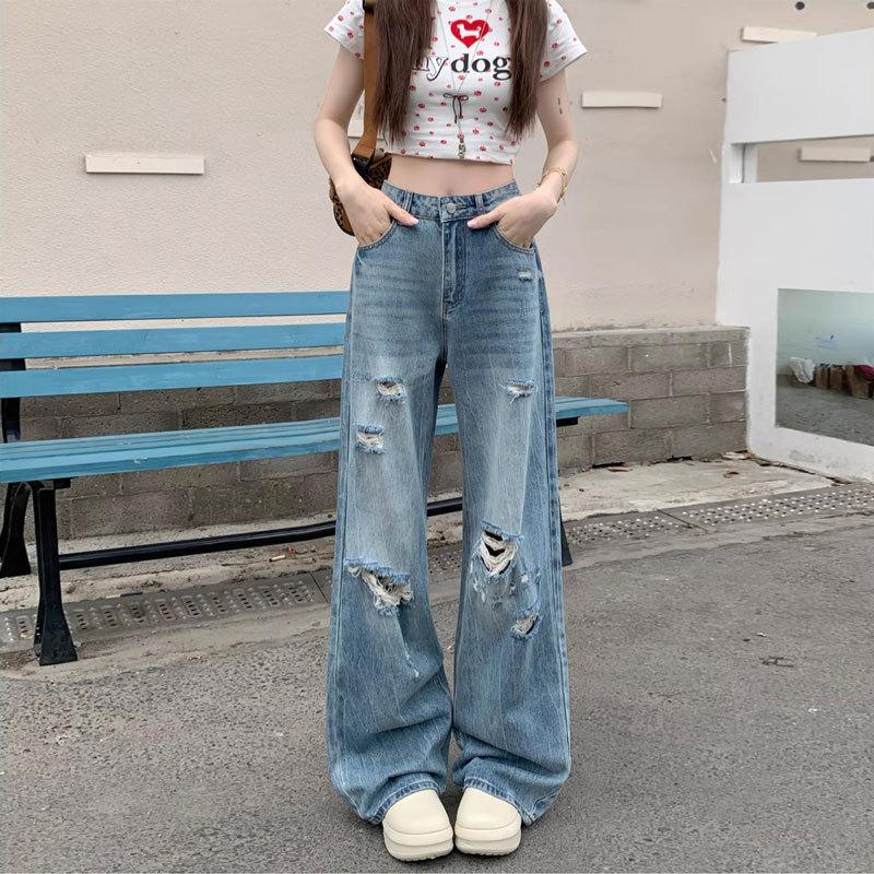 Versatile Washed Wide Leg Ripped Jeans for Women Autumn Plus Size Loose Jeans