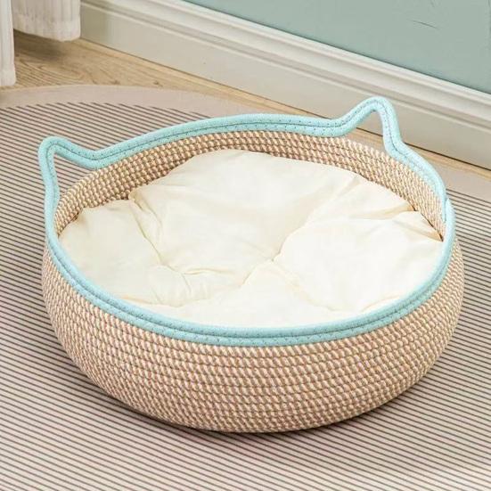 Cat Basket Bed with Cushion Cotton Rope Handwoven Pet Bed Breathable Cat Ear Pet Bed for Indoor Cats