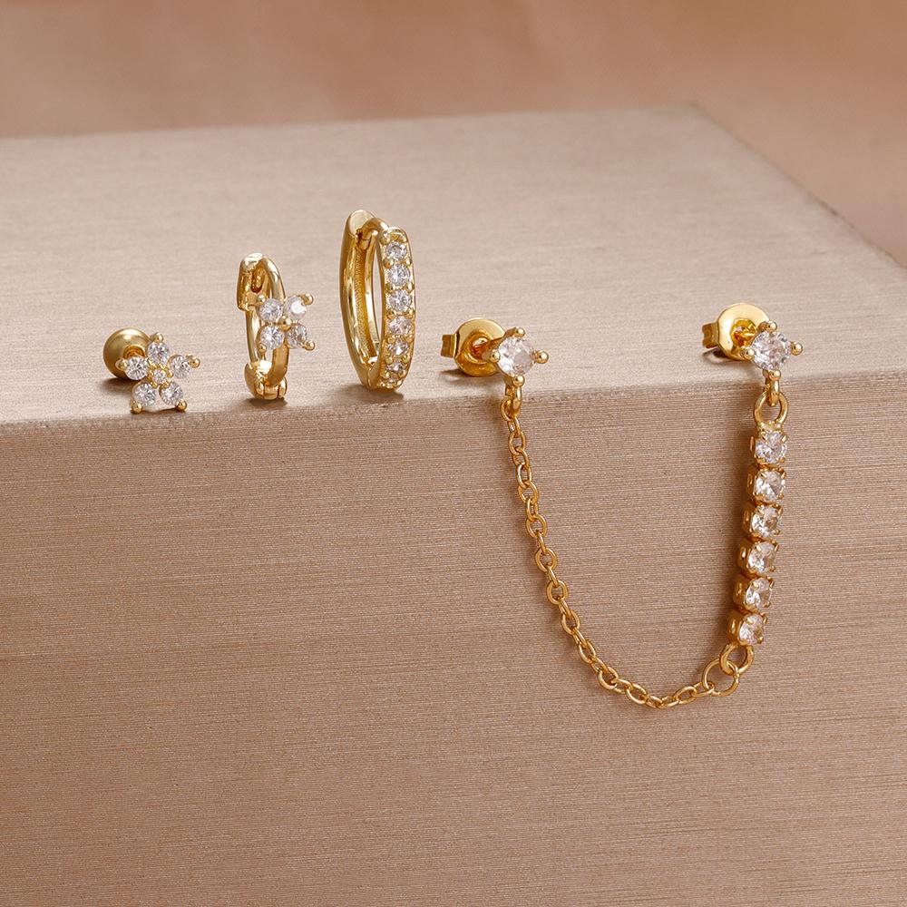 4 Stück Französisches Design Edelstahl Huggie Creolen Set Für Damen Anhänger Blumenkrone Zirkon Ohrstecker Piercing Schmuck