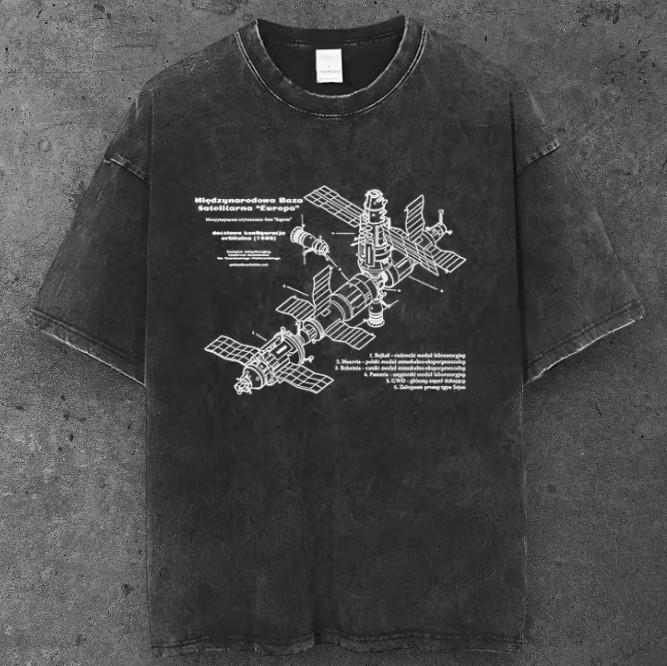 Unisex Space Station Schematic T Shirt Washed Black Y2K Streetwear S-2XL S разноцветный