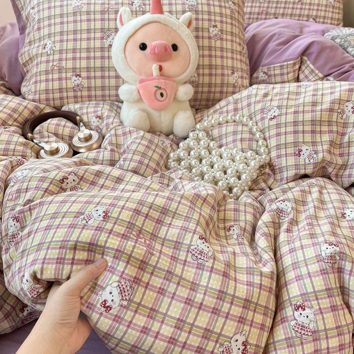 Class A soft waxy washed cotton four-piece bedding cute small fresh quilt cover bed sheet student dormitory bed hat model