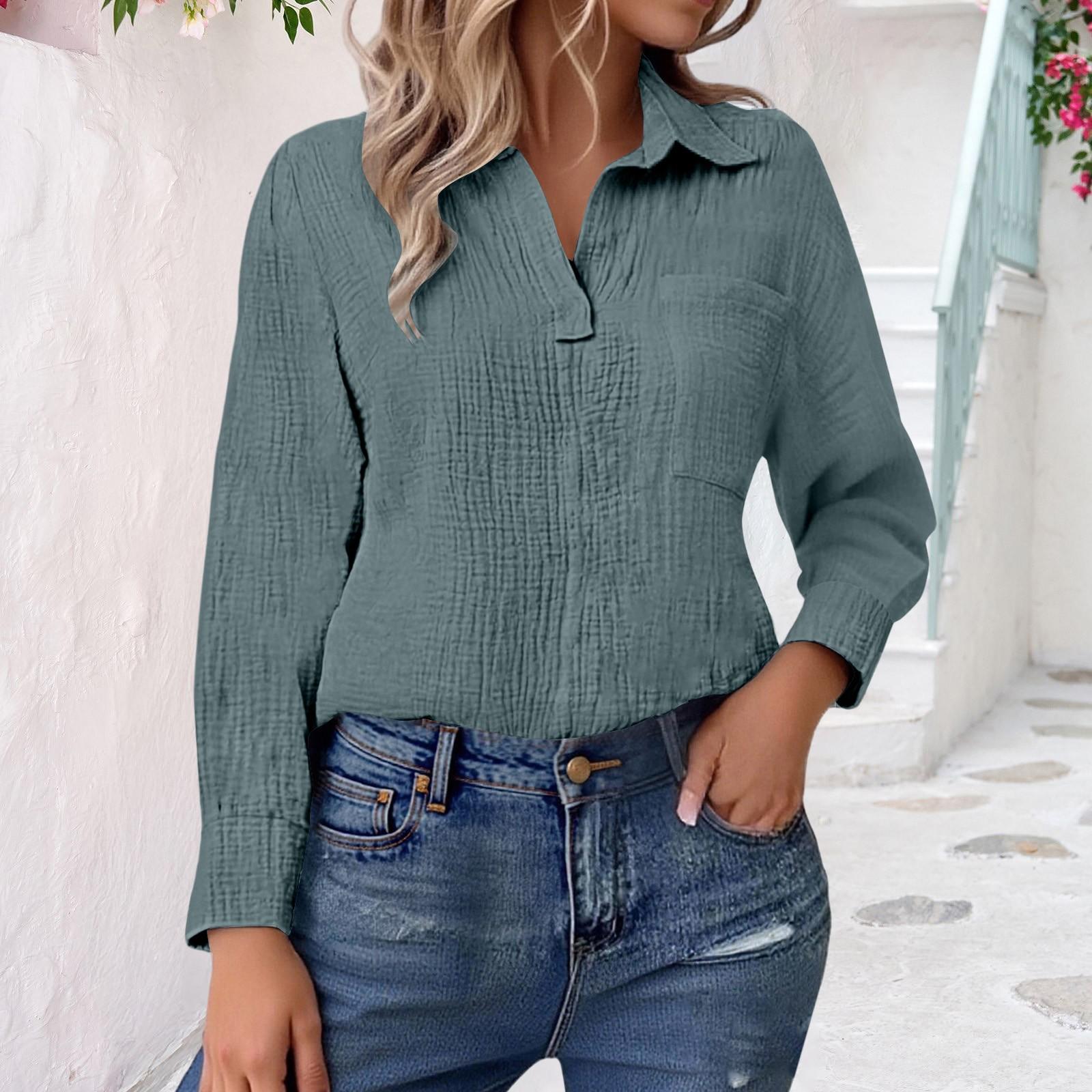 

Womens V Neck Shirts Long Sleeve Casual Collared Shirt Loose Blouses Solid Color Tops With Pocket L армія зелений колір