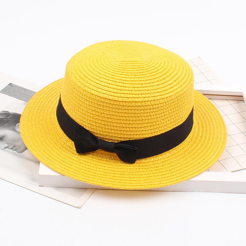 Korean Straw Hat - Retro Bow Flat Top Fedora for Spring & Summer Beach Days