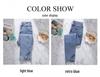 Women's Summer High Waist Light Blue Denim Jeans with Slit - Nine-Point Straight Leg Pants