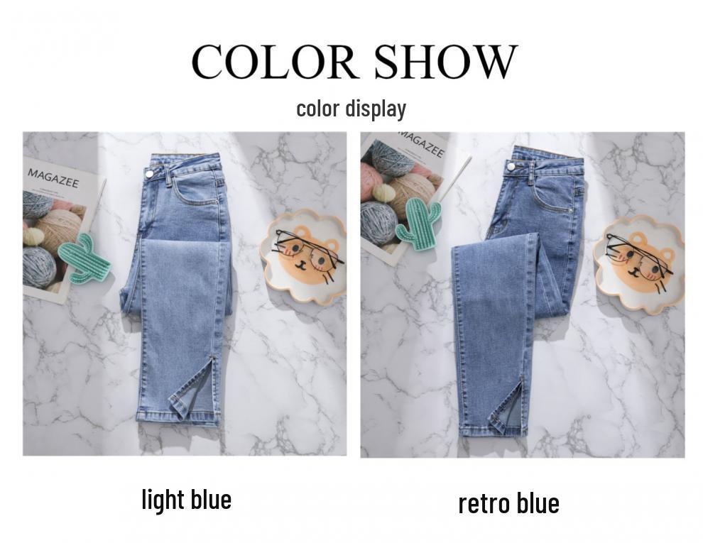 Women's Summer High Waist Light Blue Denim Jeans with Slit - Nine-Point Straight Leg Pants