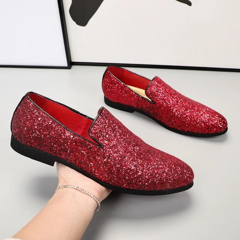 Men Loafer Dress Shoes Diamond Pointed Toe Shoes Gold Luxury Brand Men Paillette Fashion Mens Leather Shoes Zapatos Hombre