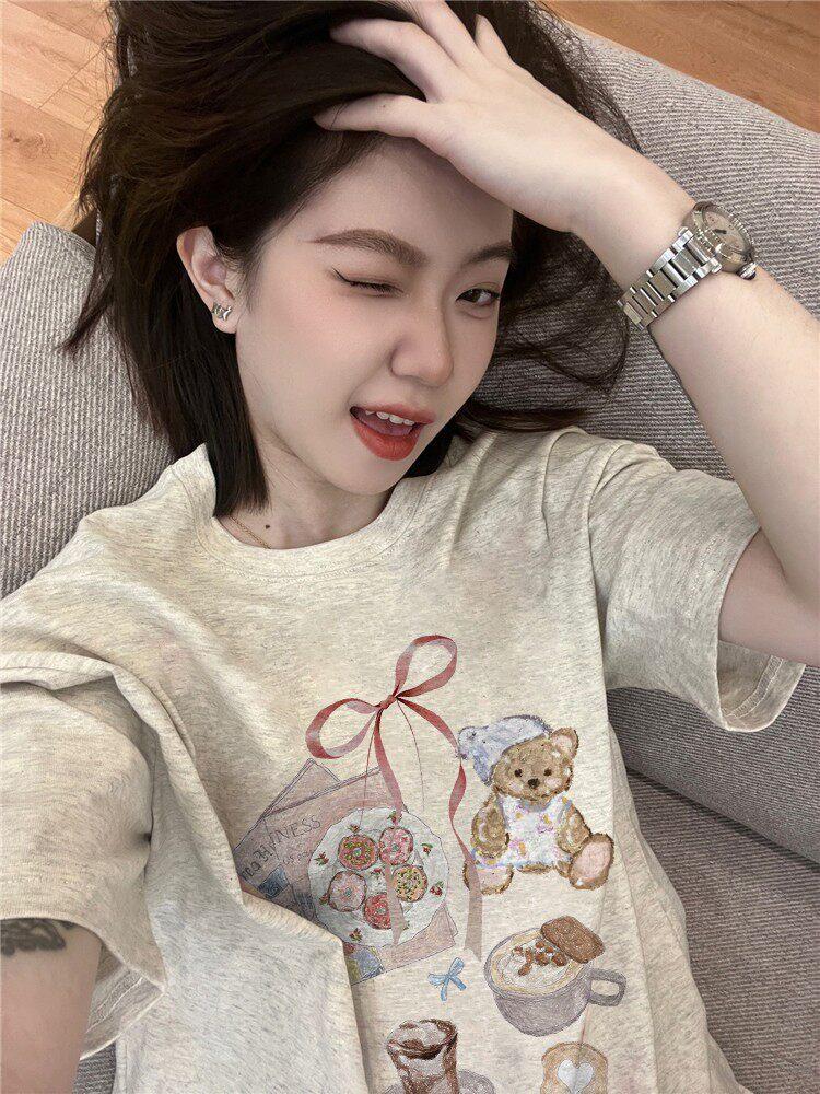Pure cotton European goods American front shoulder short-sleeved t-shirt women's new loose and lazy design niche large size top