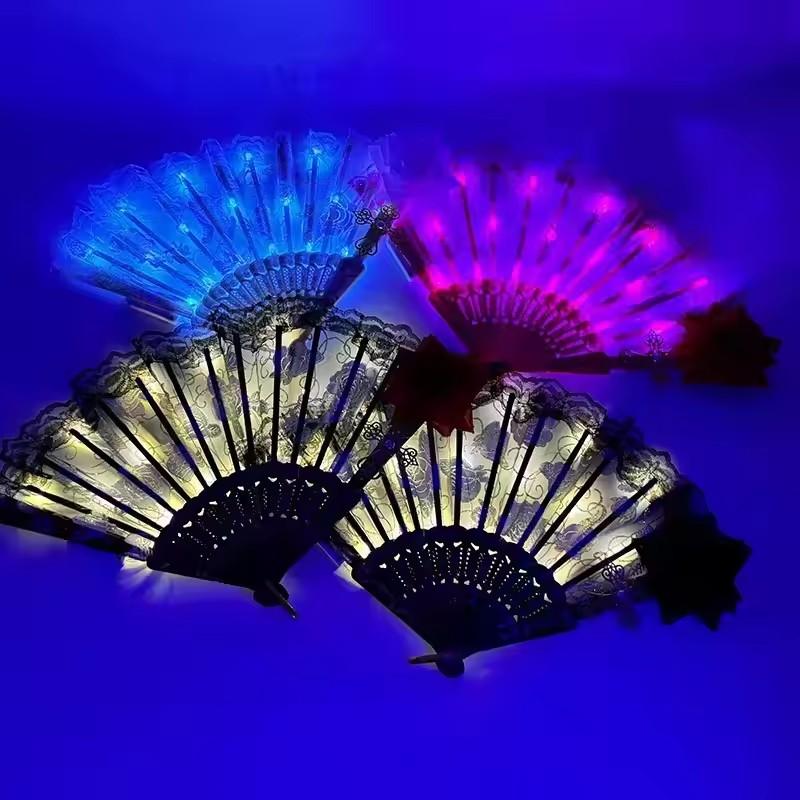Light Up Folding Fan Lolita Dance Stage Performance Hand Fan LED Retro Dark Red Black Rose Fans Wedding Party Photograph Prop