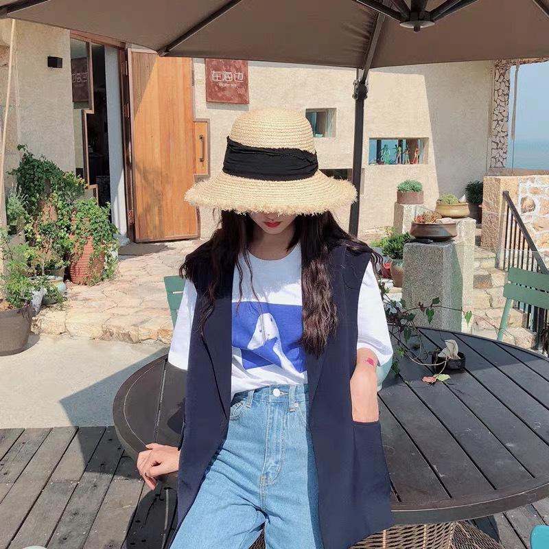 

Big brim Lafite strap straw hat children summer beach seaside sun hat small fresh sun hat Adult (56-58cm) чорний