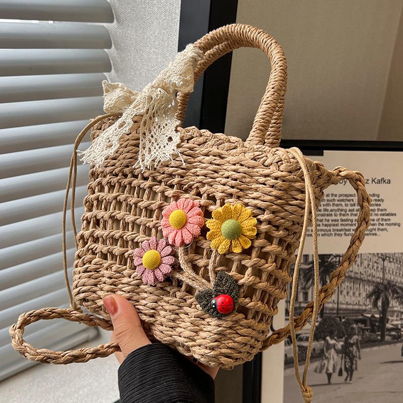 Handmade Woven Bag Women's New Trendy Straw Woven Beach Bag Women Ins Japanese Girl One Shoulder Handbag Women