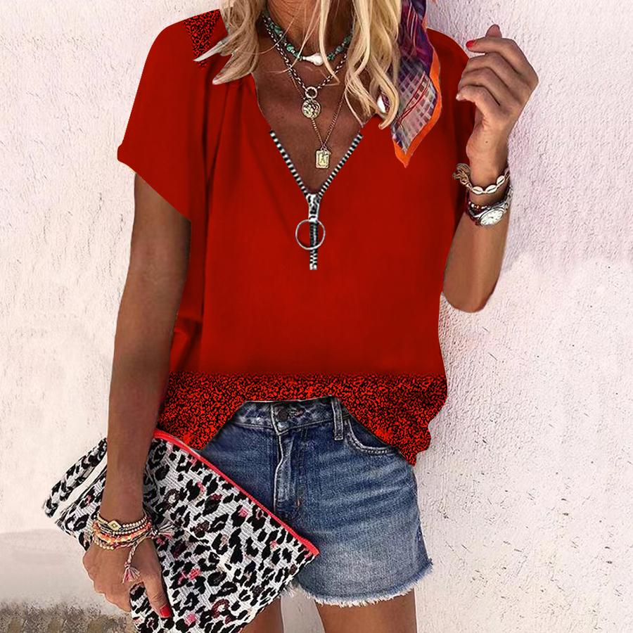 

Женский топ, летний новый модный топ с синим узором и цветком розы, повседневный топ на молнии с v-образным вырезом и короткими рукавами XL красный