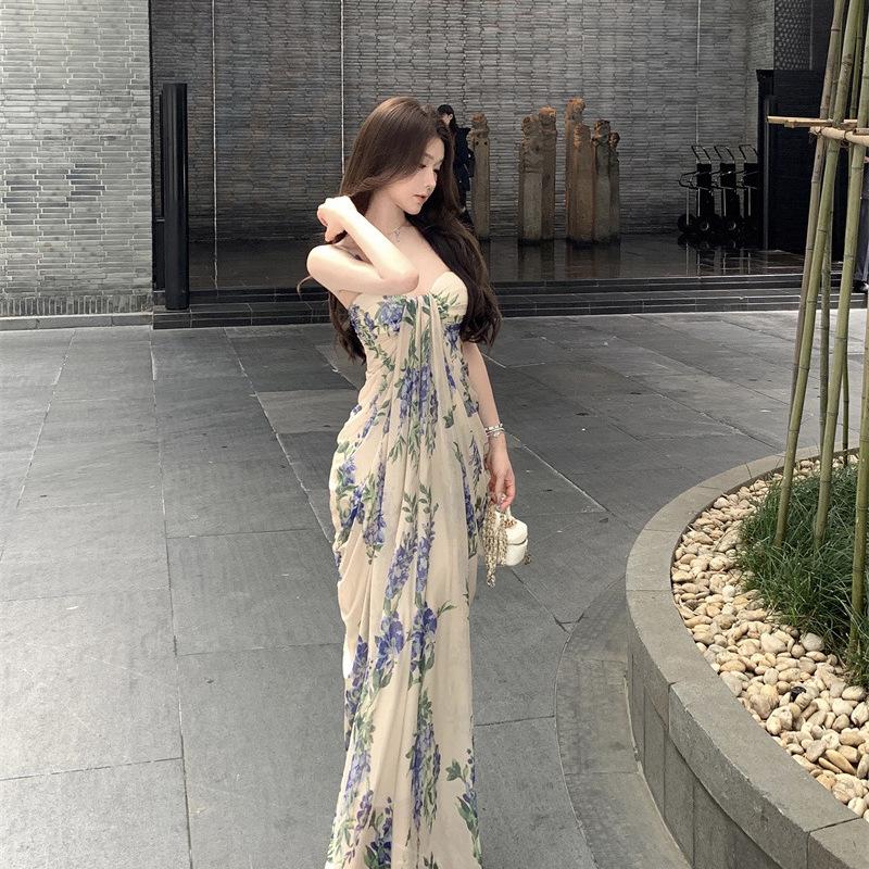 Coffee break French retro floral suspender dress seaside vacation temperament beach dress children summer