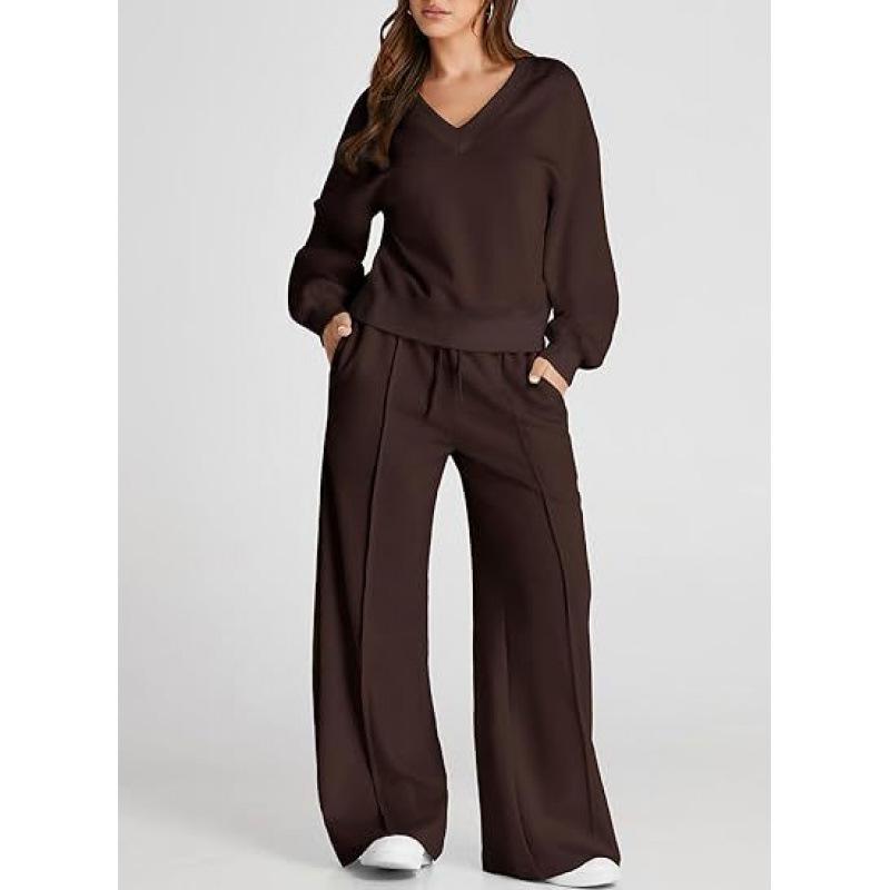 

2025 Women s Fall/Winter Solid Color Casual V-Neck Sweatshirt & Long Pants Set - European/American Fashion Extra Large коричневый