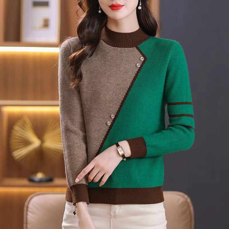 Maglione a collo alto a contrasto per donna da indossare in autunno e inverno. Nuova maglia base ispessita per l'inverno.