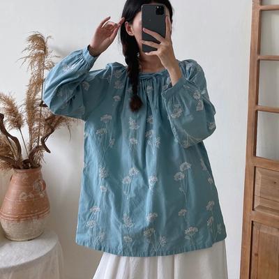 Vintage Broderi Topper Bluser Vår Høst Casual Langermet Dameskjorter