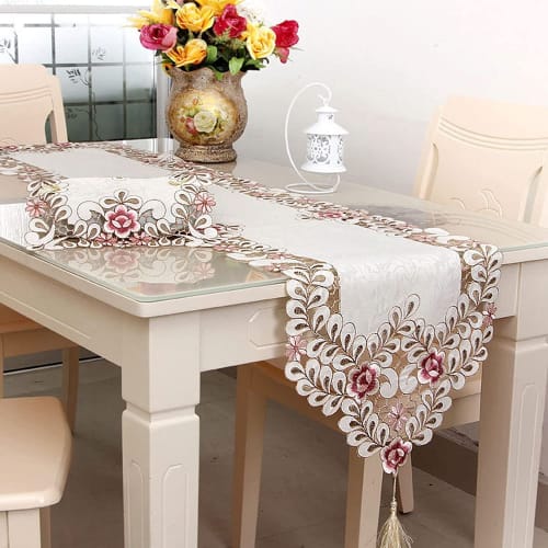 WooJoy Embroidered Lace Table Runner, Elegant Vintage Table Runner for Dressers, Scarves, Cabinets, Dining Room Tables, Decor (40x180cm)