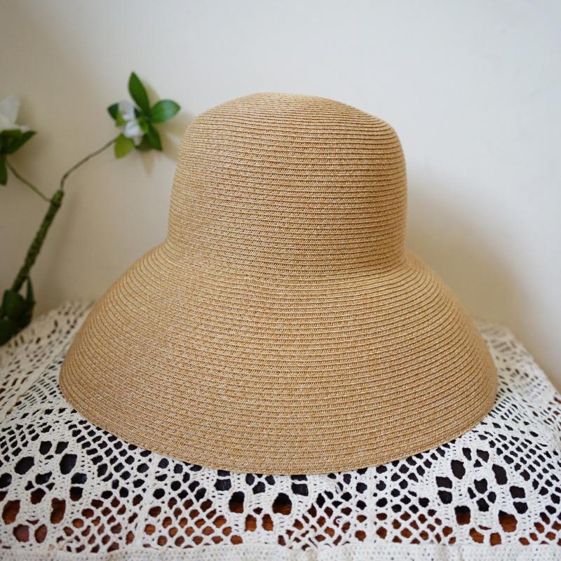 French Retro Hepburn Bell-Shaped Large Brim Basin Hat Women'S Summer Vacation Beach Sunshade Sun Protection Foldable Large Straw Hat