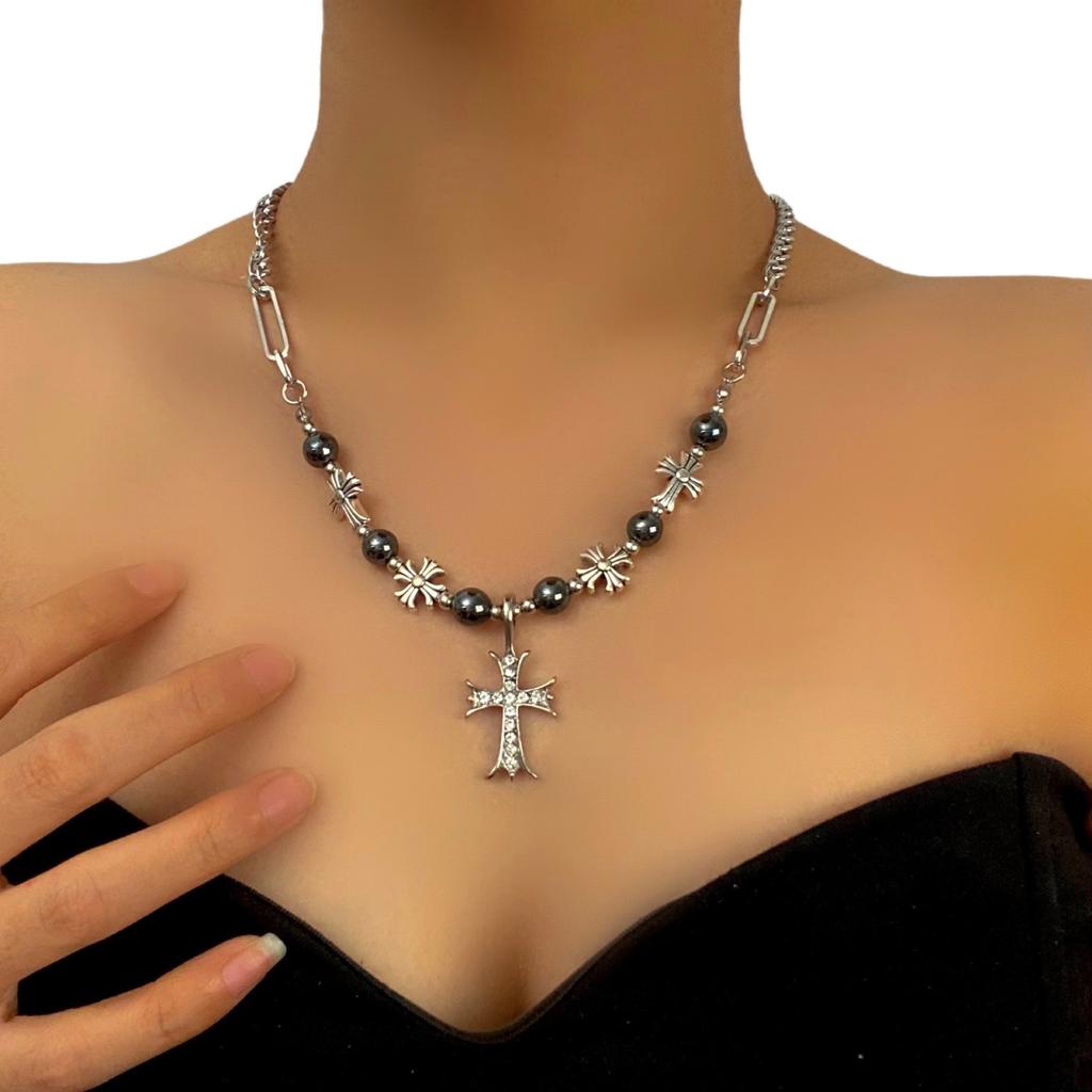 European and American Jewelry Gothic Cross Multi-layer Beaded Necklace Heavy Industry Versatile Medieval Niche Collarbone Chain Women