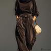 Women Velvet Two Piece Set Cowl Neck Long Sleeve Top High Waist Pleated Wide Leg Pants Elegant Autumn Winter Outfit