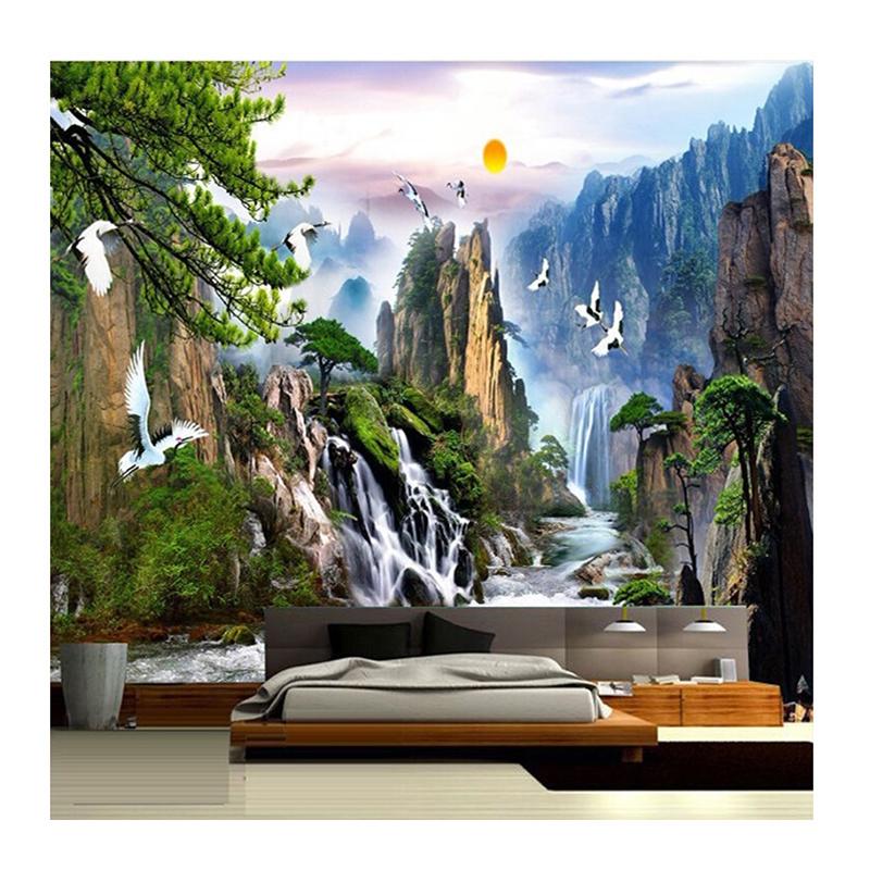 

3D Wallpaper Landscape Paintings Wall Mural Sunrise Mountain Waterfalls Red-crowned Crane Wall paper Living Room Home Decor Mural 200 cm(W) x 140 cm(H)