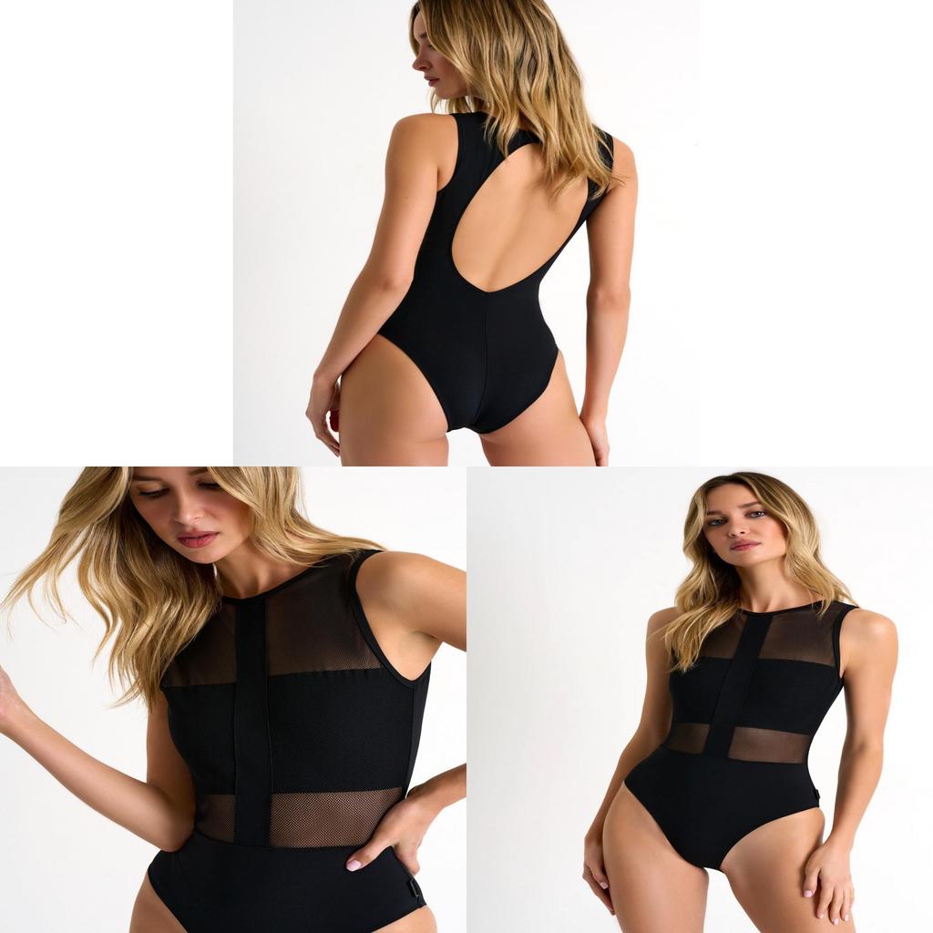 Costume da bagno classico da donna nero senza schiena in rete con coppe imbottite per nuoto e sport acquatici