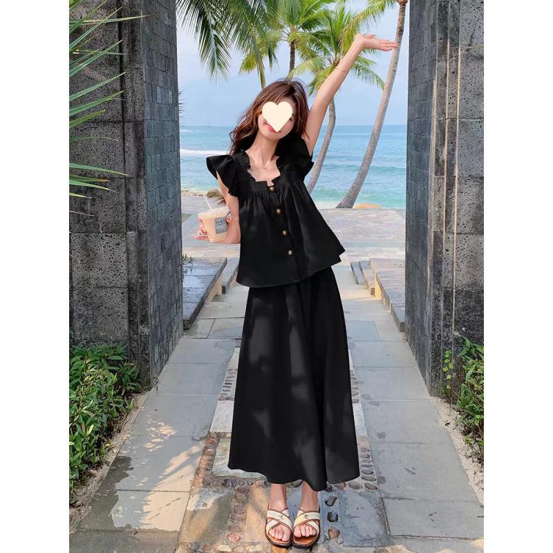 Casual Sweet Age-reducing Suit Women's Summer New Academic Style Early Autumn Wear with Small Flying Sleeves Skirt Temperament Two-piece Set