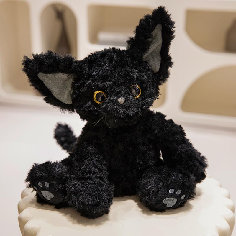 Cute Black Cat Plush Toy Throw Pillow Khaki Curly KUKI Black Cat Long Hair Doll Stuffed Animals Festive Gifts for Kids Birthday