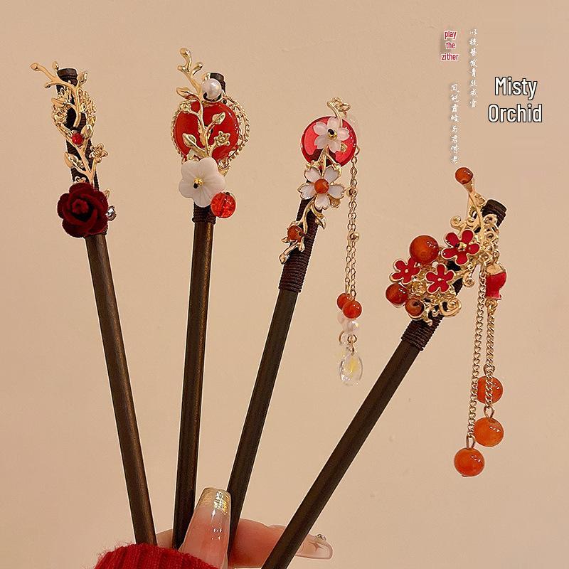 

Traditional Chinese Red Flower Tassel Hairpin for Hanfu & Cheongsam