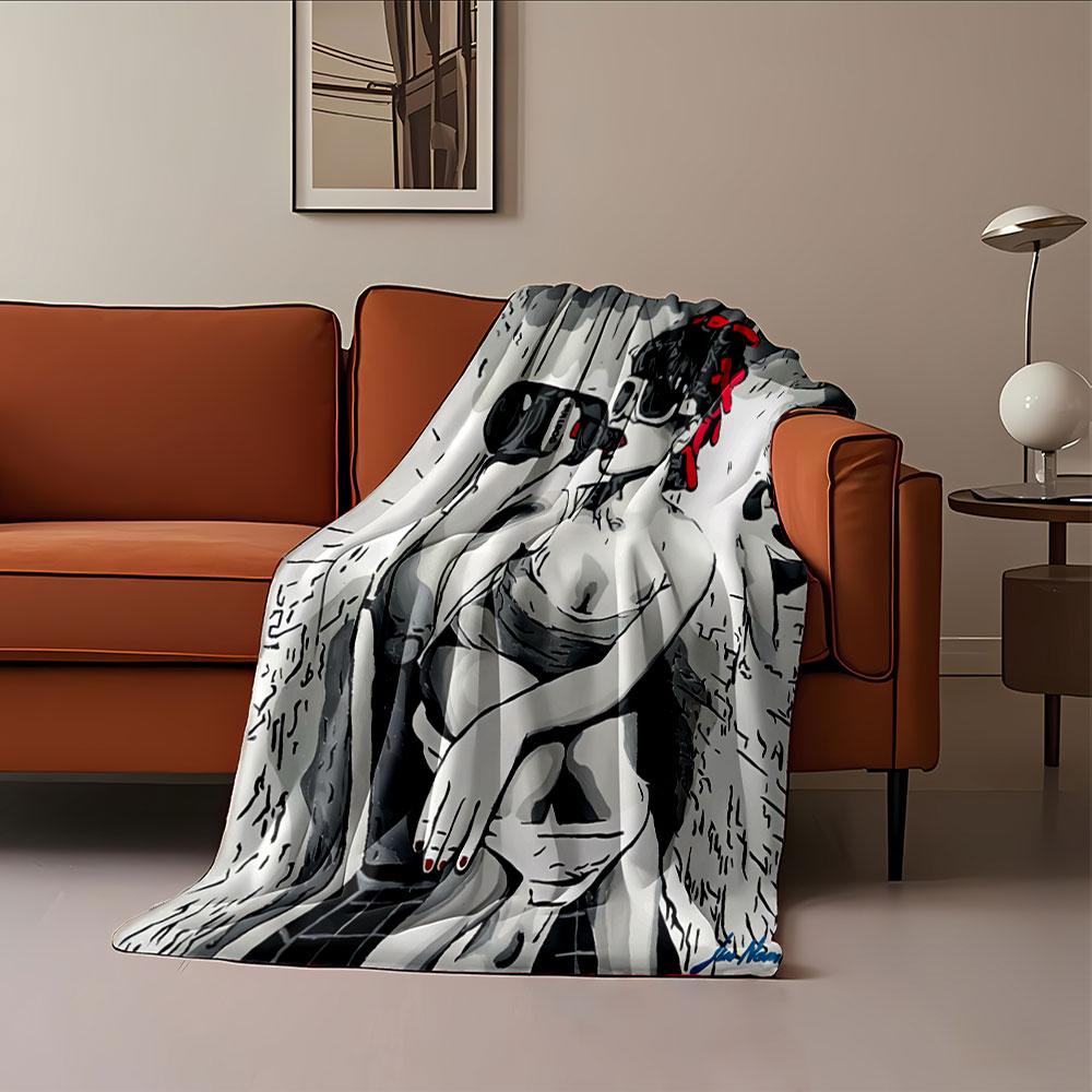 Retro Style Woman With Bottle for All Seasons Blanket Lunch Break Throw Gift