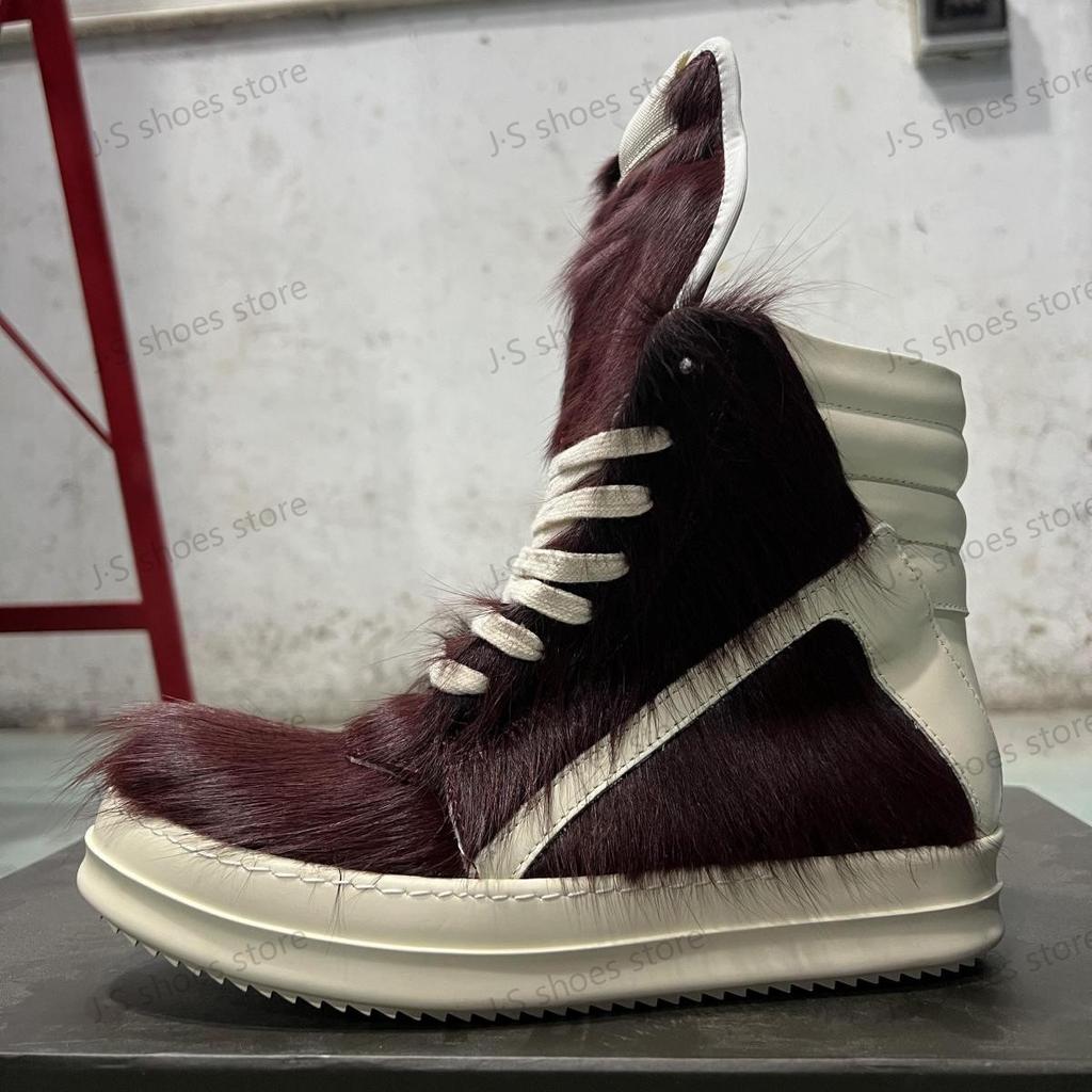 Ro Sneakers Wine Red Horsehair High Top Shoe Leather Boot Men Shoes ZIP Women Casual Sneaker Luxury Horse Hair Ankle Boots