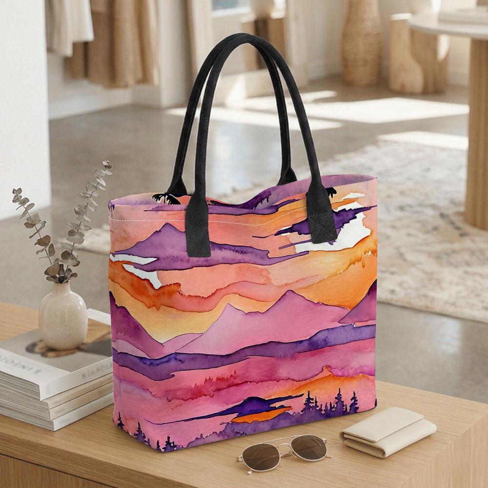 Watercolor Mountain Pattern Tote Bag Casual Large Capacity Shoulder Bag for Daily Use