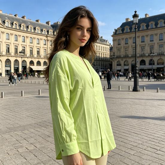 Women Tops V Neck Long Sleeve Pure Color Mid-length Pullover Tops with Asymmetrical Slit Curved Hem Loose Fit Versatile Casual Shirt