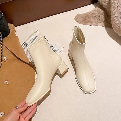 French high-heeled short boots women's 2026 autumn and winter new thick heel square head white elastic thin boots women's velvet
